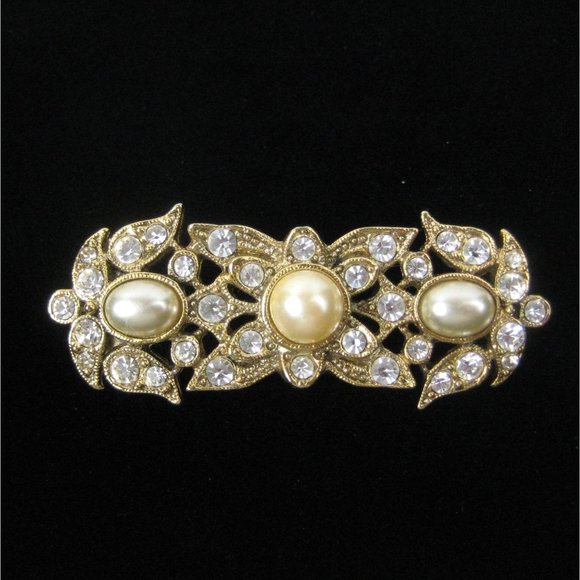 Imitation Pearl Bar Brooch 2.2 inch Pin Jewelry Goldtone Rhinestones Statement - Picture 7 of 7